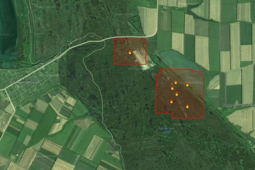 Скриншот месторасположения пожара вблизи Бриньковской с сайта Космоснимки. Пожары