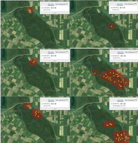 Динамика распространения пожаров в плавнях реки Бейсуг (с 1 по 6 сентября 2014)