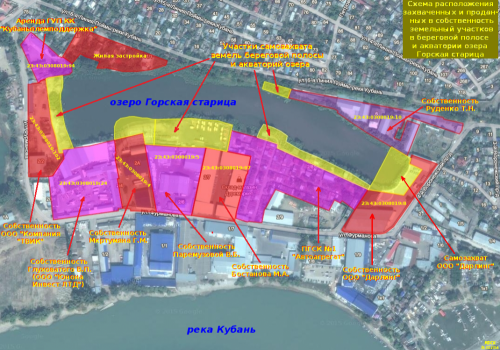 Схема расположения захваченных и проданных в собственность земельных участков в береговой полосе и акватории оз. Горская старица