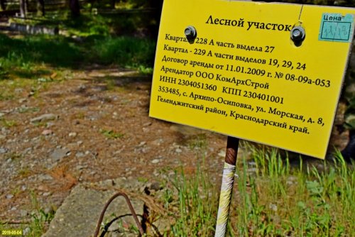 Табличка с данными арендатора лесного участка в Хропаковой щели