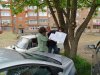 Местный житель дома на Ворошилова,1 в Апшеронске показывает схему проекта "Комфортная городская среда" 